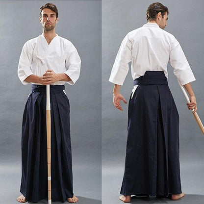 Hakama Kendo Gi Aikido Samurai Hakama Martial Arts Clothing Kimono Shirts Costumes Formal Kyudo Kimono 2pcs - color: Blue-white, size: 19
