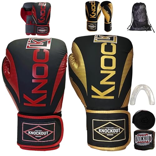 Knockout Elite Boxing Gloves 2 Pair Set, Complete Kit with Hand Wraps, Bag Pack, and Mouth Guard - Size 8oz-16oz-All Color Available - color: Golden / Red, size: 14 oz
