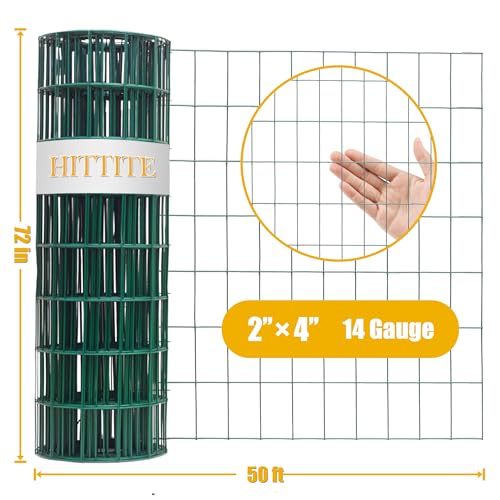 Green PVC Coated Welded Wire Fencing, 72in High x 50ft Long, 2 inch x 4 inch 14GA 2/3/4/5/6 Ft Tall Welded Wire Fence Rolls, Green Metal Garden Fence Wire Roll Garden Fencing for Yard - color: Green, size: 2"x4" 14GA 72" x 50'