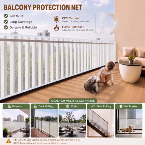 Hosuly Banister Guard Balcony Netting, 15 x 3 ft, White, 1 Set - color: White, size: 15 x 3 ft