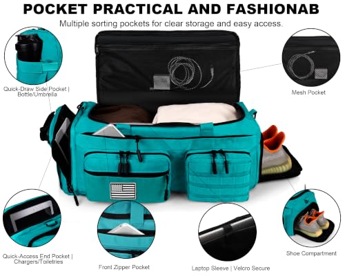 LHI 50L Tactical Duffle Bag for Men, 3-in-1 Gym Duffle and Backpack, Shoe Compartment, Laptop Sleeve and MOLLE, Carry-On Travel Weekender and Overnight Bag – Lake blue - color: Lake blue