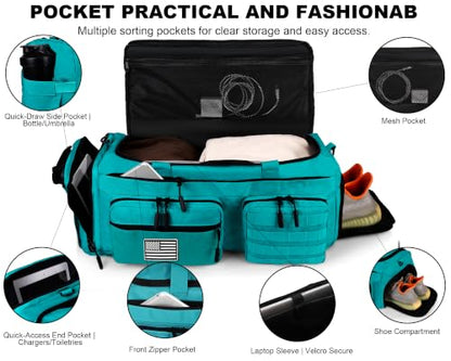 LHI 50L Tactical Duffle Bag for Men, 3-in-1 Gym Duffle and Backpack, Shoe Compartment, Laptop Sleeve and MOLLE, Carry-On Travel Weekender and Overnight Bag – Lake blue - color: Lake blue
