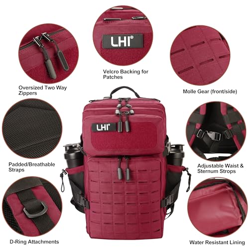 LHI Tactical Military Backpack for Men 25L/45L Large Molle Army Assault Pack 3 Day Hiking Rucksack With Bottle Holder - color: Red and Black, size: 45L