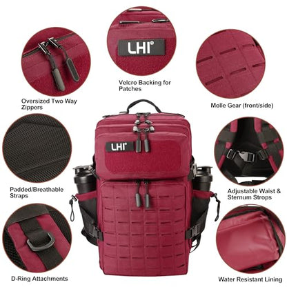 LHI Tactical Military Backpack for Men 25L/45L Large Molle Army Assault Pack 3 Day Hiking Rucksack With Bottle Holder - color: Red and Black, size: 45L