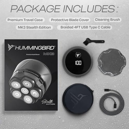 HUMMINGBIRD MK3 Stealth Edition Electric Head Shaver - No Nick Electric Razor for Men, Cordless USB C Rechargeable, Waterproof Wet/Dry Shave, 6 Blade Head, LED Display, Rotary Skull Shaver with Case - size: MK3 Stealth Edition Electric Head Shaver