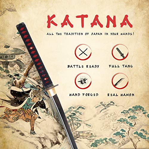 Katana Samurai Sword, 1045 Carbon Steel, Hand Forged, Full Tang - color: Red/Black