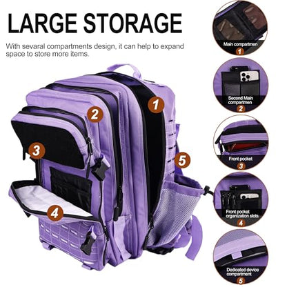 LHI Tactical Military Backpack for Men 25L/45L Large Molle Army Assault Pack 3 Day Hiking Rucksack With Bottle Holder - color: Light Purple, size: 45L