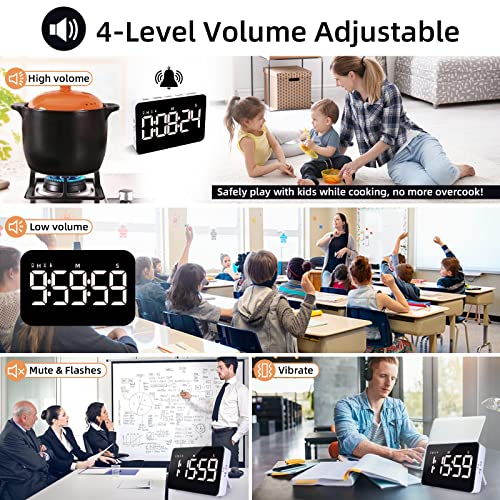 Rechargeable Digital Kitchen Timer for Cooking, Magnetic Timers with Countdown/up, Kids Timer with 5”LED Display 3 Brightness 4 Volume Adjustable for Classroom/Office/Home/Work/Study/Fitness/Game - color: Black+white