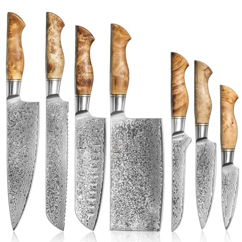 SENKEN 7-Piece Damascus Kitchen Knife Set - Dynasty Collection - 67-Layer Japanese VG10 Steel with Sycamore Wood Handles, Chef's Knife, Cleaver, Bread, Santoku, Boning, & More - size: 7-Piece Knife Set