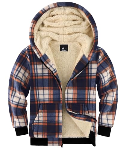 Boys Flannel Jacket Hooded Fleece Lined Zip-up Hoodies Plaid Coat for Kids - color: Blue Orange White Plaid, size: 8-9 Years