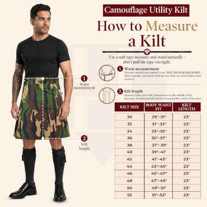 Camouflage Utility Kilt for Men – Rugged Ripstop Cotton Tactical mens kilt with Brass Hardware - size: 46