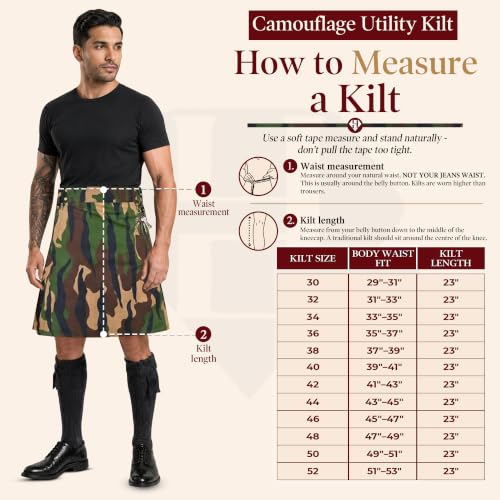 Camouflage Utility Kilt for Men – Rugged Ripstop Cotton Tactical mens kilt with Brass Hardware - size: 48