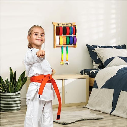 Tilhumt 12 Belts Karate Belt Display Rack with Trophy and Medal Display Rack, Taekwondo Belt Display Rack with Stickers, Martial Arts Belt Display for Kids and Adults