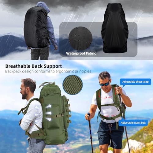 70L/100L Camping Hiking Backpack with Rain Cover, Expandable Large Military Tactical Backpack, Waterproof Molle Rucksack Travel Backpacking Daypack for Climbing Trekking (Green) - color: Green