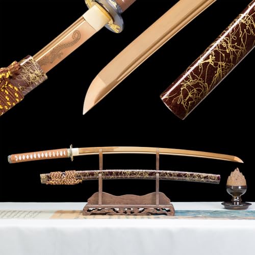 Handmade Sharp Katana, Traditional Clay Tempered 1060/9260/T10 Steel, Full Tang Real Katana Sword, Authentic Japanese Craft Samurai Sword - color: Gold