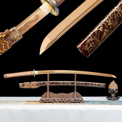 Handmade Sharp Katana, Traditional Clay Tempered 1060/9260/T10 Steel, Full Tang Real Katana Sword, Authentic Japanese Craft Samurai Sword - color: Gold