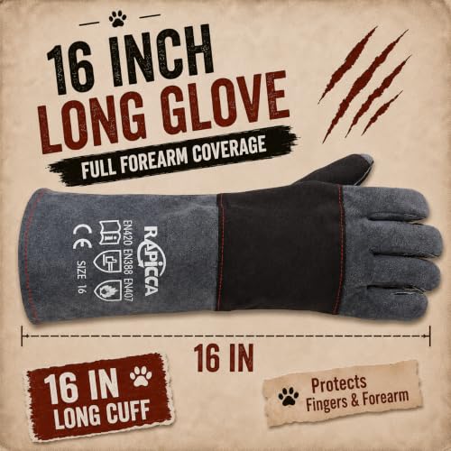 RAPICCA Animal Handling Gloves, Bite Proof Double Leather, 16 in Grey-Black - size: 2 Count (Pack of 1), style: 16 Inches