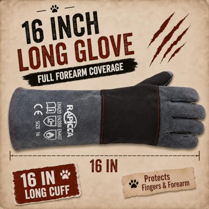 RAPICCA Animal Handling Gloves, Bite Proof Double Leather, 16 in Grey-Black - size: 2 Count (Pack of 1), style: 16 Inches