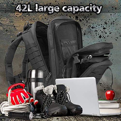 EMDMAK Military Tactical Backpack, 42L Large Military Pack Army 3 Day Assault Pack Molle Bag Rucksack - color: Black