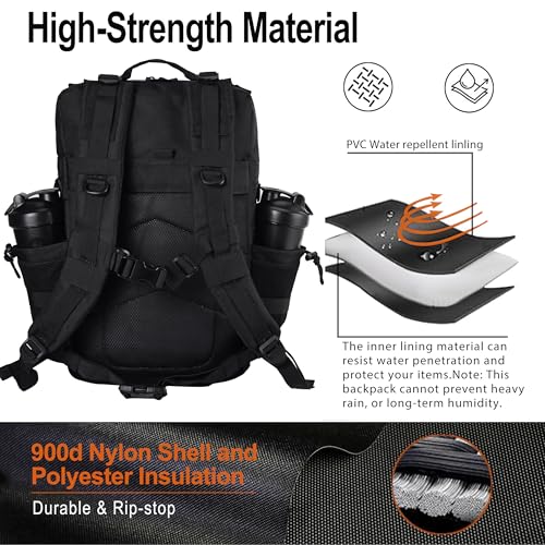 LHI Tactical Military Backpack for Men 25L/45L Large Molle Army Assault Pack 3 Day Hiking Rucksack With Bottle Holder - color: All Black, size: 45L