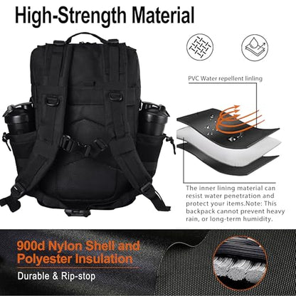 LHI Tactical Military Backpack for Men 25L/45L Large Molle Army Assault Pack 3 Day Hiking Rucksack With Bottle Holder - color: All Black, size: 45L