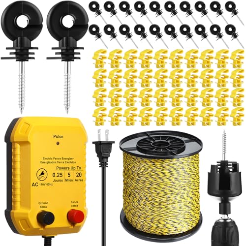 Electric Fence Kit, 5 Mile 110 VAC 0.25 J Fence Charger, 3366 ft Polywire - style: 0.25J