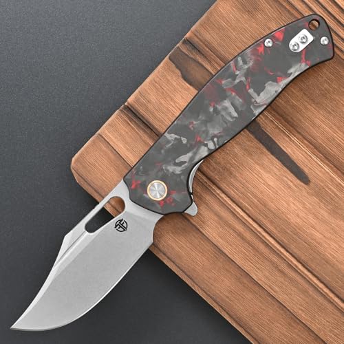 FF25 Folding Knife, DC53 Steel Blade Carbon Fiber Handle with Pocket Clip for Outdoor Camping Fishing Working Survival EDC (Red) - color: Red