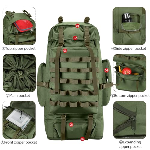 70L/100L Camping Hiking Backpack with Rain Cover, Expandable Large Military Tactical Backpack, Waterproof Molle Rucksack Travel Backpacking Daypack for Climbing Trekking (Green) - color: Green