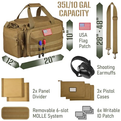 Gun Range Bag with 3 Pistol Cases, Removable MOLLE Organizer, Total 50 Storage Units, 27dB Shooting Earmuffs, Shoulder Strap, USA Flag Patch & Writable ID Patches, Khaki Brown Tactical Bag