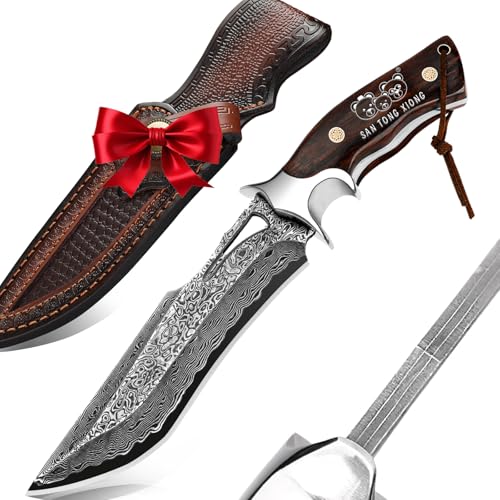Real Damascus Hunting Knife, 10.4" VG10 Bowie Leather Sheath - style: Damascus Steel-1