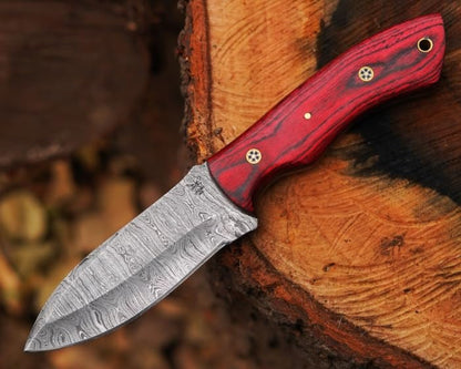 Fixed Blade Damascus Steel Hunting Knife with Leather Sheath, 9'' Full Tang Hunting Skinning Knife,Non-Slip Wooden Handle,Camping Blade - color: Red