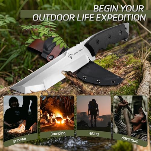 Dream Reach Fixed Blade Knife, Outdoor Survival Knife with Tactical Kydex Sheath, Horizontal Carry Knives with Ergonomic Handle, Bushcraft Knives for Camping Gardening Gift for Men - size: 7.5"