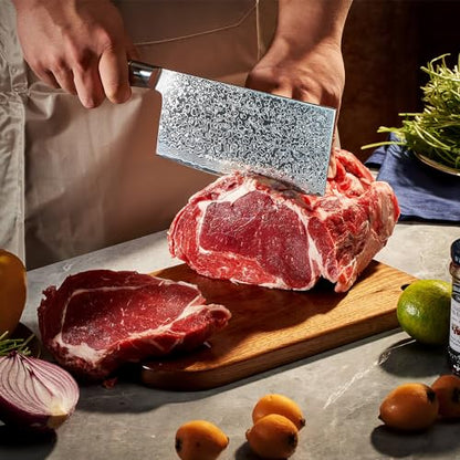 SENKEN 7-Piece Damascus Kitchen Knife Set - Dynasty Collection - 67-Layer Japanese VG10 Steel with Sycamore Wood Handles, Chef's Knife, Cleaver, Bread, Santoku, Boning, & More - size: 7-Piece Knife Set