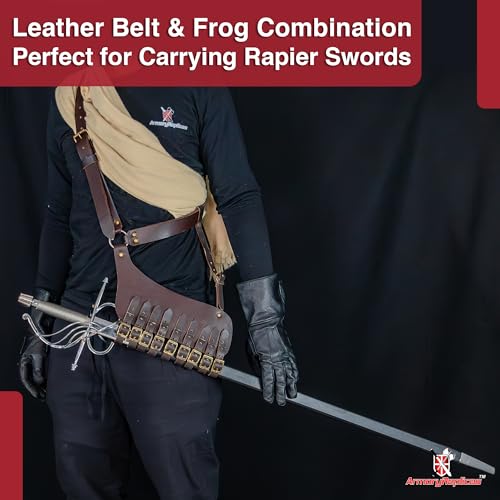 Armory Replicas Handcrafted Rigid Nature Right-Handed Leather Rapier Sword Frog Belt with Adjustable Fit - color: Brown