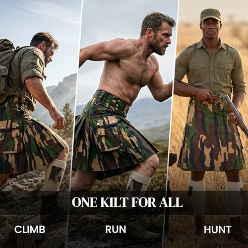 Camouflage Utility Kilt for Men – Rugged Ripstop Cotton Tactical mens kilt with Brass Hardware - size: 34