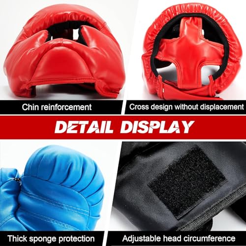Kanayu 3 Pcs Boxing Headgears 3 Pair Gloves Set - color: Black, Blue, Red, size: Adult