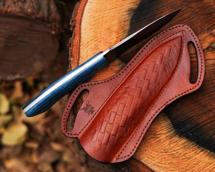 Fixed Blade Damascus Steel Hunting Knife with Leather Sheath, 9'' Full Tang Hunting Skinning Knife,Non-Slip Wooden Handle,Camping Blade - color: Sky Blue