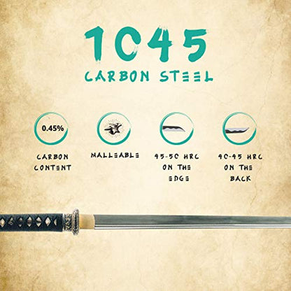 Katana Samurai Sword, 1045 Carbon Steel, Hand Forged, Full Tang - color: Katana Waves