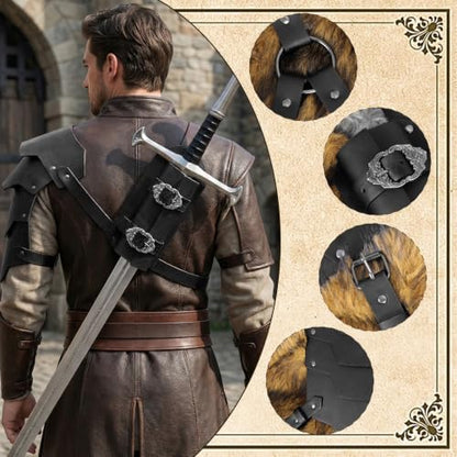 Medieval 2-in-1 Shoulder Armor with Back Sword Frog for LARP Cosplay - color: Black a
