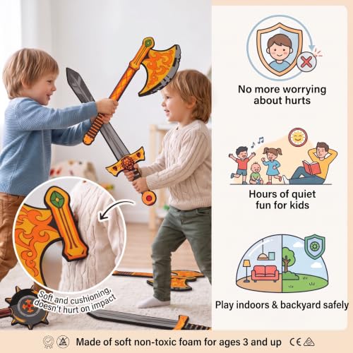 Foam Swords Weapons Toy 5 Set, 17 inch, Kids Boys Gift