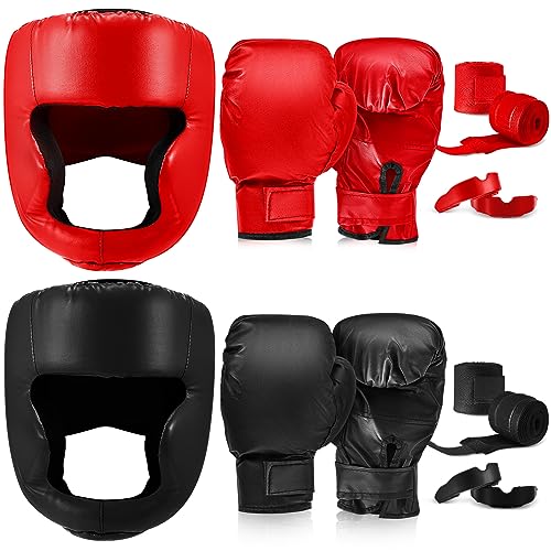 Kanayu 14 Pcs Boxing Gloves and Headgear Set, Beginner - color: Black, Red