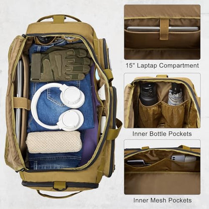 G4Free 3-in-1 Duffle Bag Travel Gym Sports, Large Tactical Duffel Backpack - color: Khaki