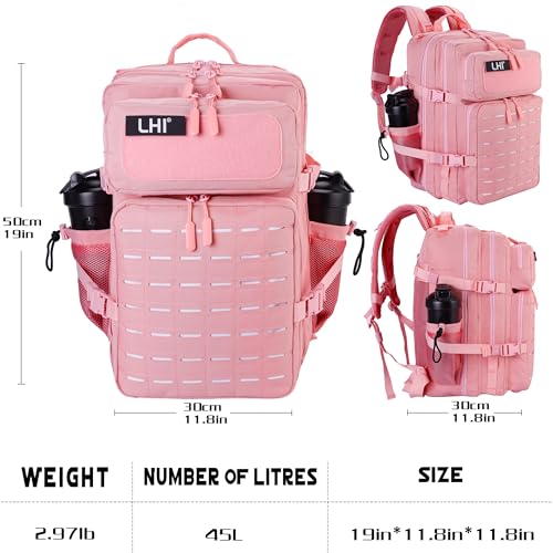 LHI Tactical Military Backpack for Men 25L/45L Large Molle Army Assault Pack 3 Day Hiking Rucksack With Bottle Holder - color: Pink, size: 45L