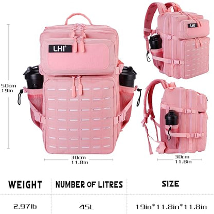 LHI Tactical Military Backpack for Men 25L/45L Large Molle Army Assault Pack 3 Day Hiking Rucksack With Bottle Holder - color: Pink, size: 45L