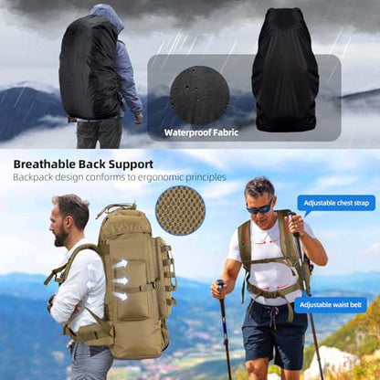 70L/100L Camping Hiking Backpack with Rain Cover, Expandable Large Military Tactical Backpack, Waterproof Molle Rucksack Travel Backpacking Daypack for Climbing Trekking (Khaki) - color: Khaki