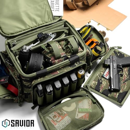 Savior Equipment Specialist Series Tactical Triple Pistol Shooting Range Hunting Duffle Bag Gun Carrying Case, Rigid Compartment Frame, Lockable Zippers - color: Tiger Stripe