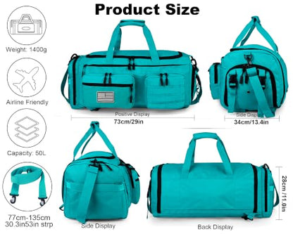 LHI 50L Tactical Duffle Bag for Men, 3-in-1 Gym Duffle and Backpack, Shoe Compartment, Laptop Sleeve and MOLLE, Carry-On Travel Weekender and Overnight Bag – Lake blue - color: Lake blue