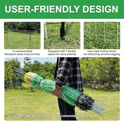 2 Pack Premium Electric Semi-Rigid Fence Netting 35.4"H x 98.42'L, Pre-Assembled Posts Raised to 47.2"H, Can Add Additional Polywire to Ensure Safety for Backyards,Homesteads,Gardens,Farms,and Ranches