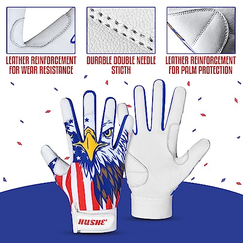Hushe' American Flag Batting Gloves & Softball Gloves USA Flag Baseball Batting Gloves Youth Kids Baseball Batting Glove for Youth Men Adult & Unisex. - color: White Eagle, size: Youth Medium
