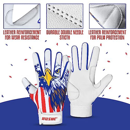 Hushe' American Flag Batting Gloves & Softball Gloves USA Flag Baseball Batting Gloves Youth Kids Baseball Batting Glove for Youth Men Adult & Unisex. - color: White Eagle, size: Youth Medium